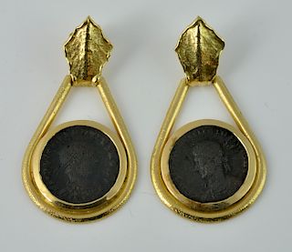 Pr. of 18kt. Gold & Roman Coin Pierced Earrings