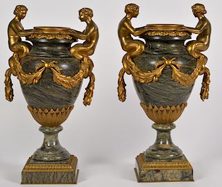 Pr. Bronze Mounted Marble Urns with Mermaids