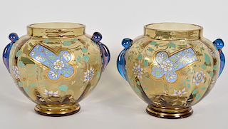 Pr. Bohemian Painted & Enameled Glass Urns