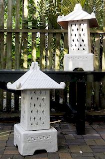 A Pair of Cast Plaster Garden Lanterns, Height 32 inches.