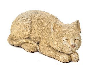 A Cast Stone Model of a Cat, Length approximately 9 inches.