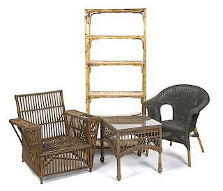 Four Wicker and Rattan Furniture Articles, Height of bookshelf 71 1/2 x width 29 3/4 x depth 12 inches.