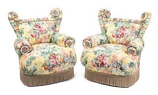 A Pair of Upholstered Slipper Chairs, Height 35 inches.