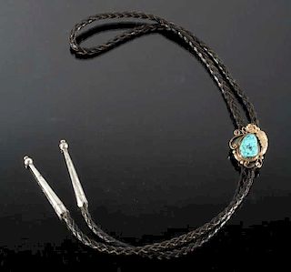 Signed Navajo Gold Filled & Turquoise Bolo-Tie