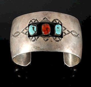 Navajo Sterling, Turquoise & Coral Shadowbox Cuff