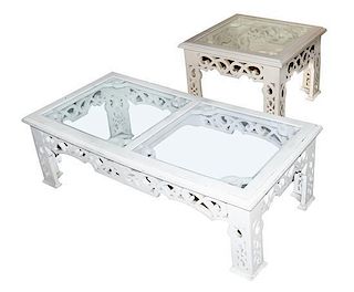 A White Painted Low Table and Side Table, Height of low table 16 3/4 x width 52 x depth 26 inches.