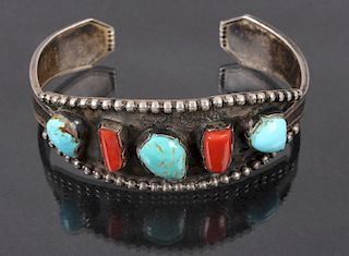 Navajo Sterling Silver Turquoise & Coral Bracelet