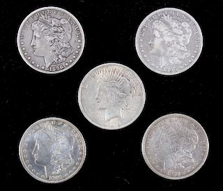 Five U.S. Silver Dollars 1896-1922
