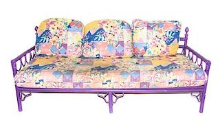 A Violet Painted Rattan Sofa, Width overall 79 3/4 inches.