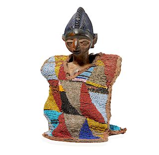 Yoruba, Nigeria Ibeji Figure with Beaded Cloak 
