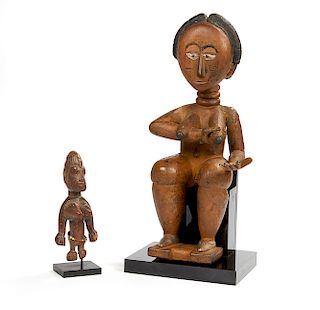 Akan, Ghana Female Wood Figure and a Yoruba Ibeji Figure