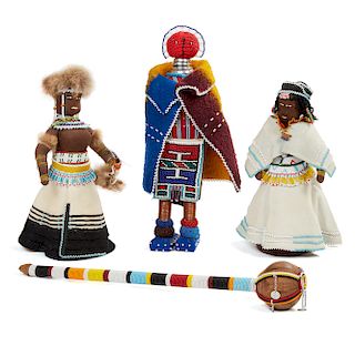 Three African Dolls, and Maasai, Kenya "Rungu" Ceremonial Staff