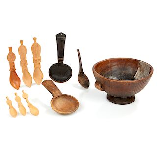 Assorted Spoons and Wood Bowl