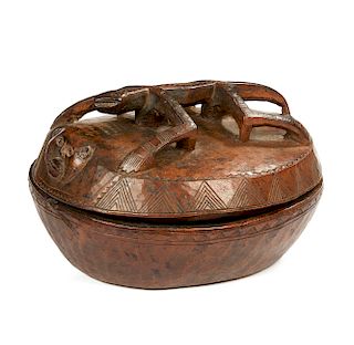 Cameroon Wood Lidded Bowl with Lizard Handle