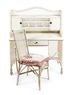A Painted Wicker Writing Desk, Height 49 3/4 x width 42 1/8 x depth 24 1/4 inches.