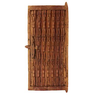 Dogon Wood Door  and Woven Mat with Bead Overlay