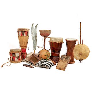 Two African Instruments, Three African Drums, a Rattle, Sanza, a Weaving Tool and Fabric Straps