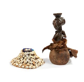 Kuba Hat, and a Luba Wood Figure on Gourd