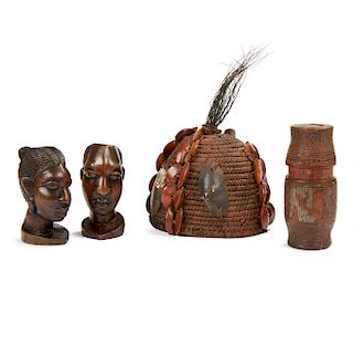 Pair of African Wood Heads, Indonesian Bamboo Container, Lega Hat 