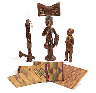 Four African Mats, Bone / Iron Axe, Central African Female Figure, and a Yoruba Shango Figure