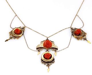 Victorian 14k Gold Coral Roses Charm Necklace