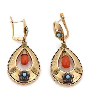 Victorian Coral Turquoise 18k Gold Floral Earrings