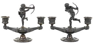 French Putti Figural Bronze Candlestick Holders