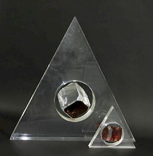 2 Large Lucite Trigangle Floating Cube Sculptures.
