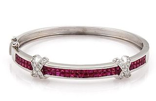 18k Gold Diamond & Ruby X Design Bangle Bracelet