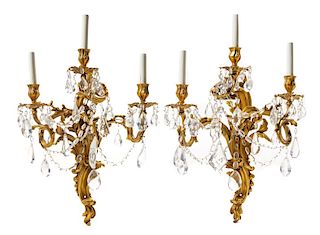 * A Pair of Louis XV Style Gilt Bronze Sconces Height 28 inches.