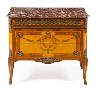 A Louis XVI Style Gilt Metal Mounted Parquetry Commode Height 32 x width 35 1/2 x depth 20 inches.