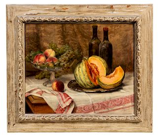 * Gustave Bienvetu, (French, 1877-1914), Still Life with Melon, Fruit and Bottles, 1904