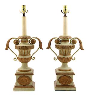 A Pair of Italian Painted and Gilt Finials Height 33 1/2 inches.