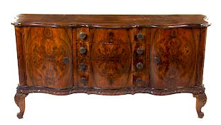 * An Italian Burlwood Console Cabinet Height 37 3/4 x width 81 x depth 23 inches.