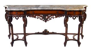 * A Louis XVI Style Marquetry Console Table Height 39 x width 84 1/2 x depth 22 1/2 inches.