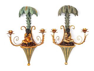 * A Pair of Venetian Style Composition Figural Sconces Height 22 1/2 inches.