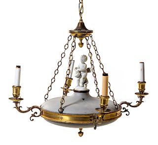 * A Gilt Metal, Bisque Porcelain and Tole Chandelier Diameter 26 inches.