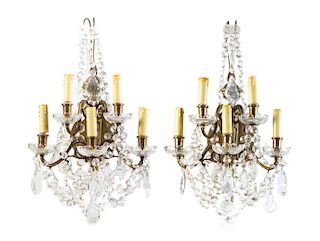 A Pair of Neoclassical Gilt Metal Five-Light Sconces Height 21 inches.