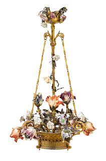 * A Gilt Bronze and Porcelain Chandelier Height 28 x diameter 17 inches.