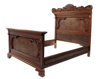 A Victorian Burlwood Bed Height of headboard 65 inches.