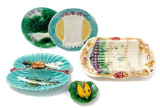 * A Group of Five Majolica Table Articles Width of widest 14 3/4 inches.