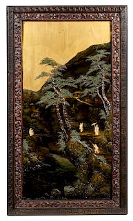 * A Pair of Chinese Lacquered and Painted Panels Height 48 x width 27 1/2 inches.