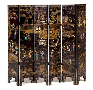A Chinese Lacquered, Stone and Mother-of-Pearl Inset Six-Panel Screen Height 49 x width of each panel 9 1/2 inches.