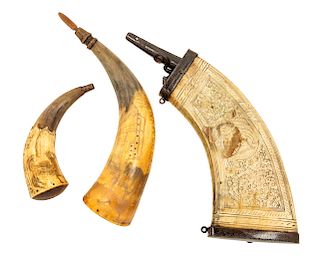 * Three Folk Decorated Powder Horns Length of longest 15 inches.