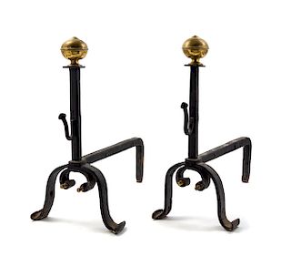 A Pair of Brass and Iron Andirons Height 21 inches