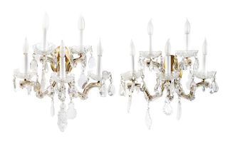 A Pair of Cased Glass Five-Light Sconces Height 20 inches.