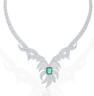 18K GOLD EMERALD AND DIAMOND NECKLACE