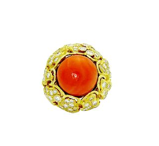 Stunning 18K Gold Coral center stone and Diamond Ring