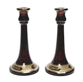 Two Ruby Glass Candlesticks, Height 9 inches.