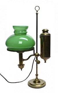 A Victorian Brass and Green Glass Oil Lamp, Height overall 20 1/2 inches.